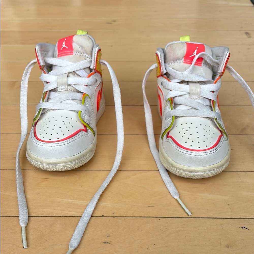 Kids Nike Air Jordan White and Neon Sneakers